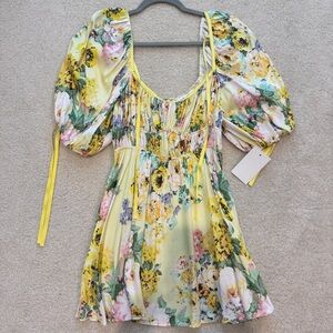 For Love & Lemons Leigh Floral Mini Dress Buttercreme Yellow Floral